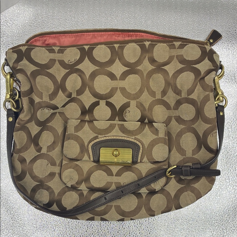 Vintage Coach Tan and Brown Signature Shoulder Bag